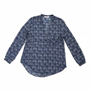 Lush Blue Patterned Long Sleeve V-Neck Blouse Size Medium Classic Office Casual